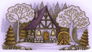 A fairy tale forest scene with a thatched cottage, spinning wheel, and enchanted atmosphere.