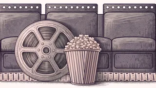 A brass film reel sits beside a classic popcorn container, with theatre seats visible in shadow behind them.