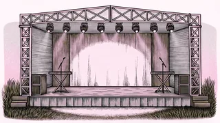 A concert stage glows with bright lights beside multiple microphones and a keyboard instrument ready for performance.