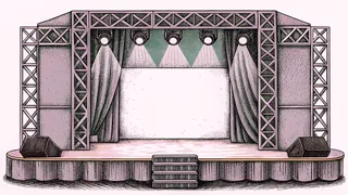 Bright stage lights illuminate amplifiers, monitors, and microphones awaiting the next performance.