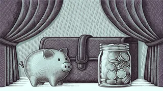 A piggy bank stands beside a stack of plain envelopes and a glass jar filled with coins.