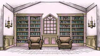 Wooden stakes and leather furniture fill a Gothic library lit by candlelight.