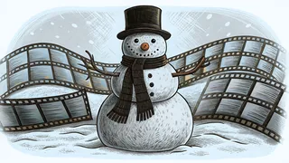 A cheerful snowman wears a black scarf and hat with a carrot nose and stick arms.