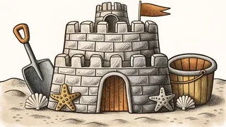 A detailed sandcastle complete with towers, a moat, and scattered seashells.