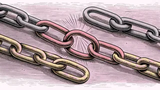 A network of paper chain links in several colours converging on one central link.