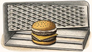 A stacked burger patty on a sesame bun with melted cheddar and pickles, beside a sizzling grill.