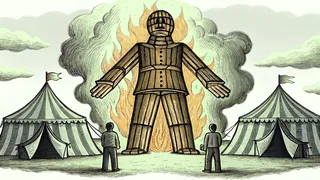 Burning Man effigy burning in vast desert landscape with festival tents around