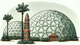 A wooden effigy blazing beside a distinctive white dome and vibrant art structures.