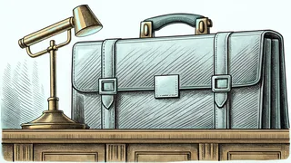 A closed leather briefcase beside a brass desk lamp on a wooden desk.