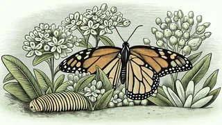 A monarch butterfly and caterpillar rest among blooming garden flowers and native milkweed plants.