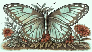 A monarch butterfly with outstretched wings hovers above a flower drinking sweet nectar.