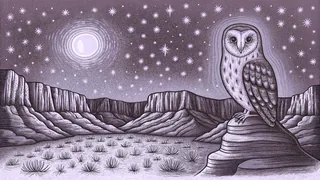 A wise owl watches over the moonlit landscape of desert scrubland.