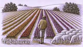 A shepherd with sheep near a farmer plowing fields in pastoral landscape