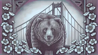 The Golden Gate Bridge with a grizzly bear and California's golden wildflowers.