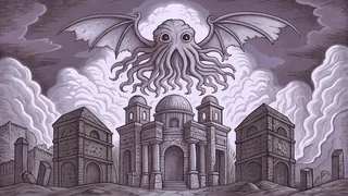 A tentacled creature towers above ancient crumbling stone ruins.