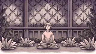 In a peaceful garden sits a person in quiet calm and stillness
