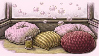 Peaceful calm-down corner with plush beanbag, soft pillows, and glittering sensory jar