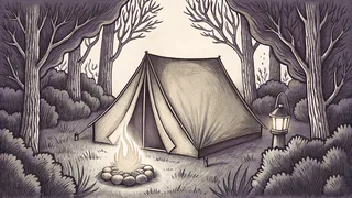Glowing with embers beside a lantern, a tent and campfire light the night