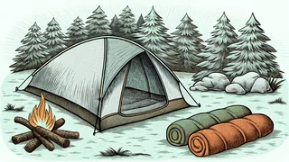 A woodland camping scene with pitched tent, fire pit, and camping equipment.