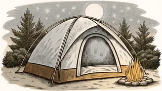 A camping tent glows beside a flickering fire beneath a canopy of stars.