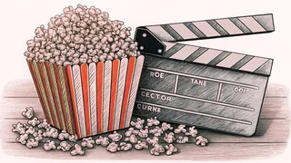 A striped popcorn box sits beside a clapper board on a wooden desk.