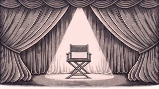 A spotlight beam shines across a velvet curtain with an empty director's chair.