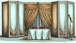 Fabric-draped fair booths stand in a row with a microphone stand, folding chairs and a lanyard.