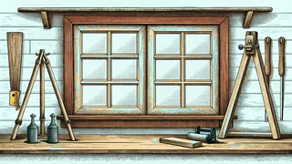 Workbench and tools with surveying equipment and glass panes.