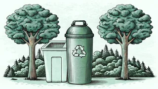 A reusable water bottle sits beside a recycling bin in a lush green forest.
