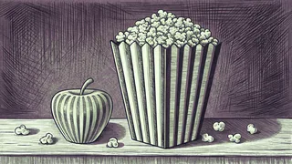 A glossy candy apple beside a flared box of popcorn on a counter.