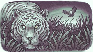 A striped tiger prowling through golden savanna grass.