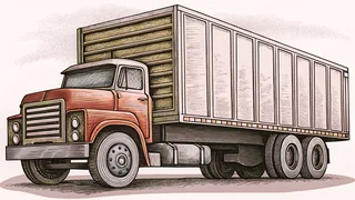 A cargo truck with open hood revealing engine and wheels.