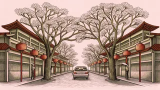 A compact sedan waits on a bustling street beneath glowing neon lanterns and blossoming cherry trees.