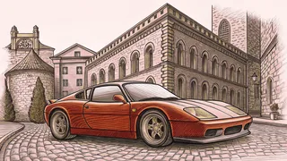 A luxury sports car is parked on a cobblestone European street beside historic architecture.