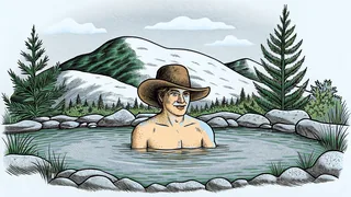 A cowboy soaks in hot springs with Lake Tahoe mountains visible beyond.