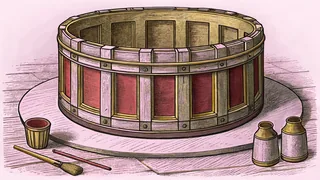 A slotted zoetrope drum stands on a turntable beside a jar of ink and a row of paint pots.