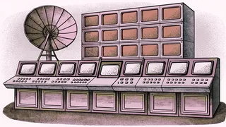 A control-room console with multiple monitors sits atop a rooftop with a satellite dish.