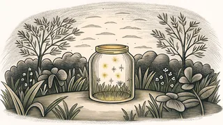 Glowing fireflies drift inside an open jar on a warm summer evening.