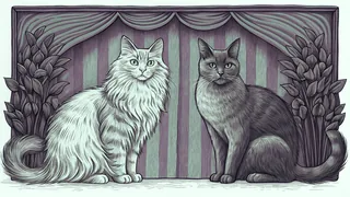 A large Maine Coon cat beside a graceful Siamese feline.