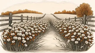 A cotton field bordered by a wooden fence stretches toward a distant rail line.