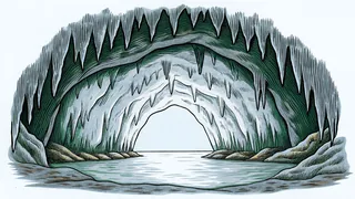 A cave interior with dramatic stalactites hanging above crystal-clear underground water.