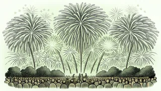 Brilliant fireworks burst above a cheering crowd on Independence evening.
