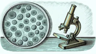 A petri dish and a covered glass slide sit on a laboratory bench beside a microscope.