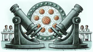 Scientific cell diagram showing internal organelles viewed through a high-powered microscope.