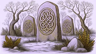 Ancient Celtic standing stones and intricate knot patterns evoke mystical cultural heritage.