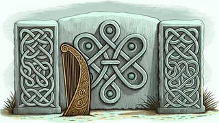 Celtic artistic designs with elaborate interlocking knots, spirals, carved stones, and decorative harp.