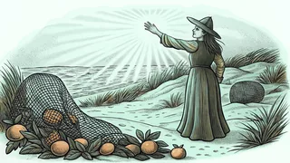 A witch on a sandy beach with colorful beach umbrellas, ripe peaches, and a fishing catch.