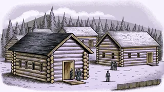 A frontier settlement shows log cabins scattered across rolling hills with citizens gathering in a town square.