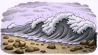 Ocean waves crash and spray beside smooth river stones on a sandy beach at sunrise.