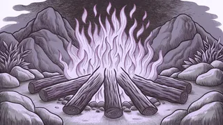 A roaring campfire blazes on a rocky summit as flames leap upward into the darkening sky.